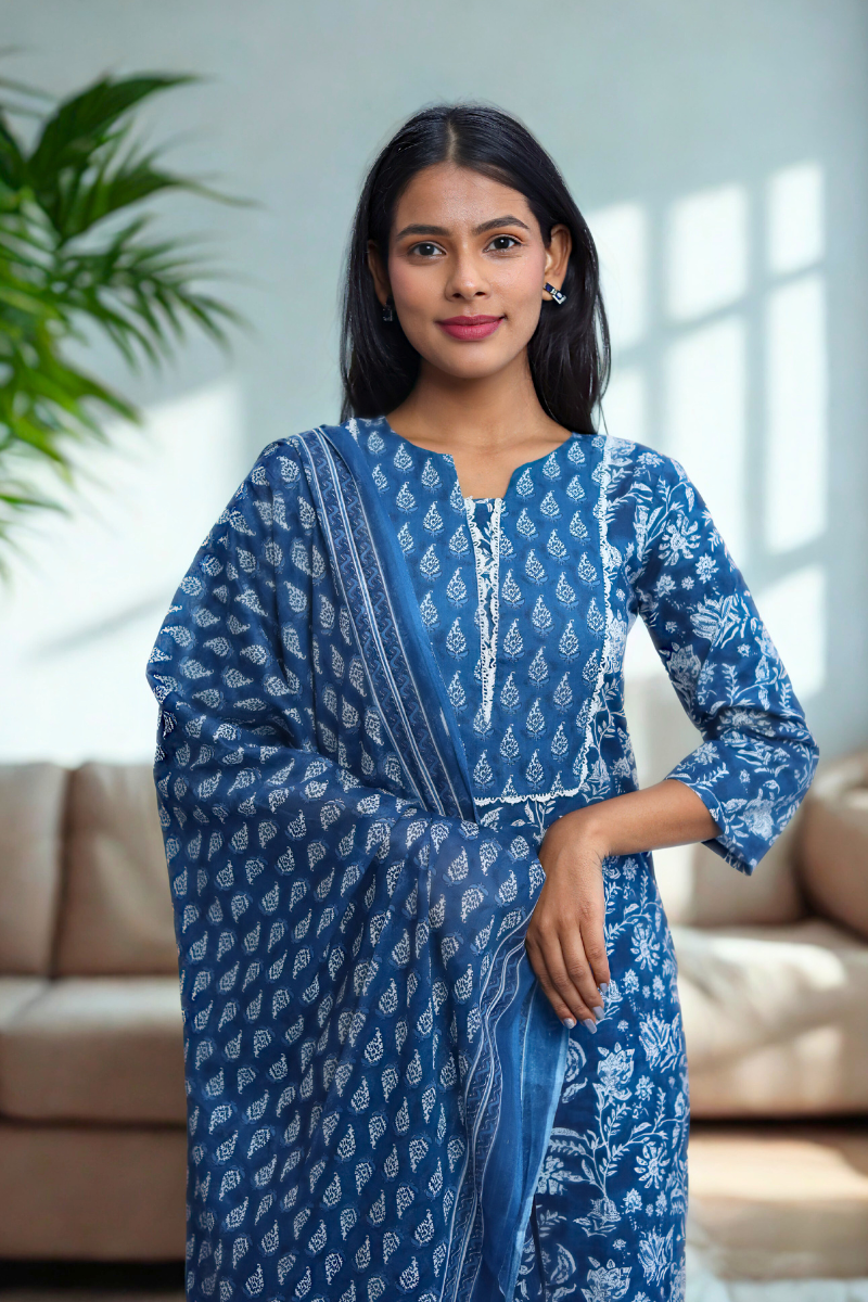 Avaraniya Blue Elegant Cotton Suit Set for Women N Square