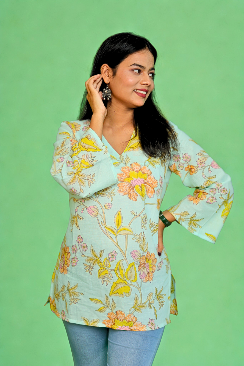 Floral Printed Light Blue Cotton Casual Kurti for Women N Square