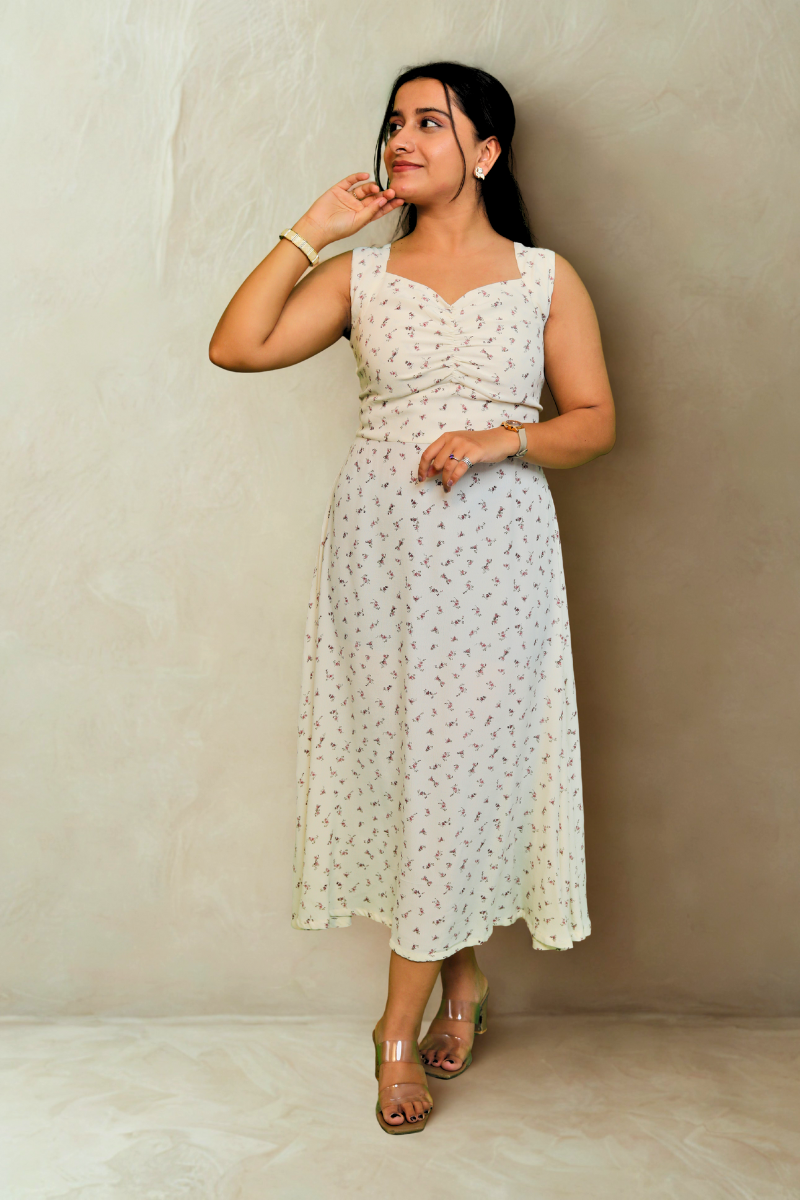 White Sleeveless Floral Midi Dress with Ruched Bust N Square