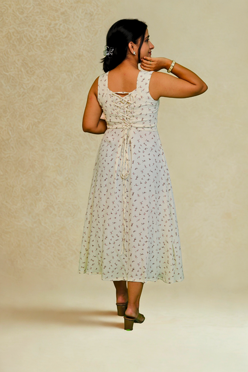 White Sleeveless Floral Midi Dress with Ruched Bust N Square