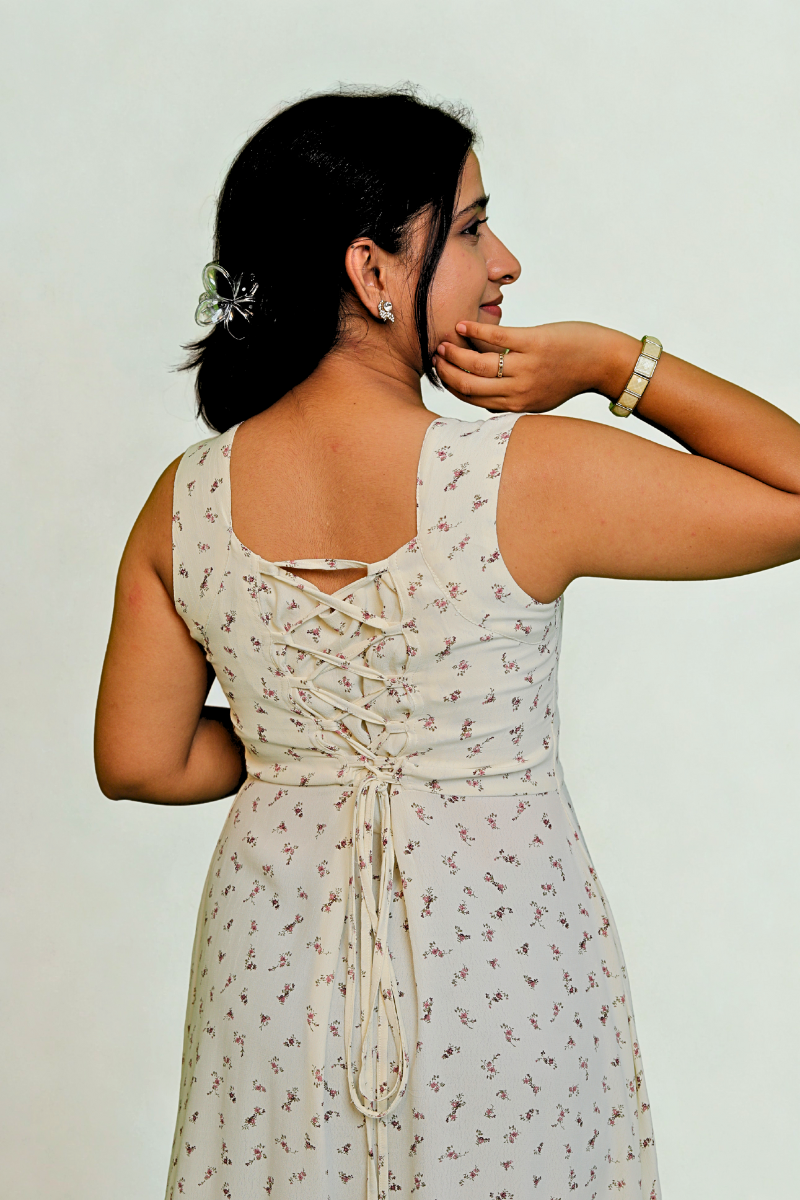 White Sleeveless Floral Midi Dress with Ruched Bust N Square