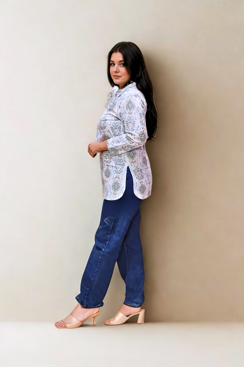 Sage Green Handblock Cotton Kurti – Collared, 3/4 Sleeve N Square
