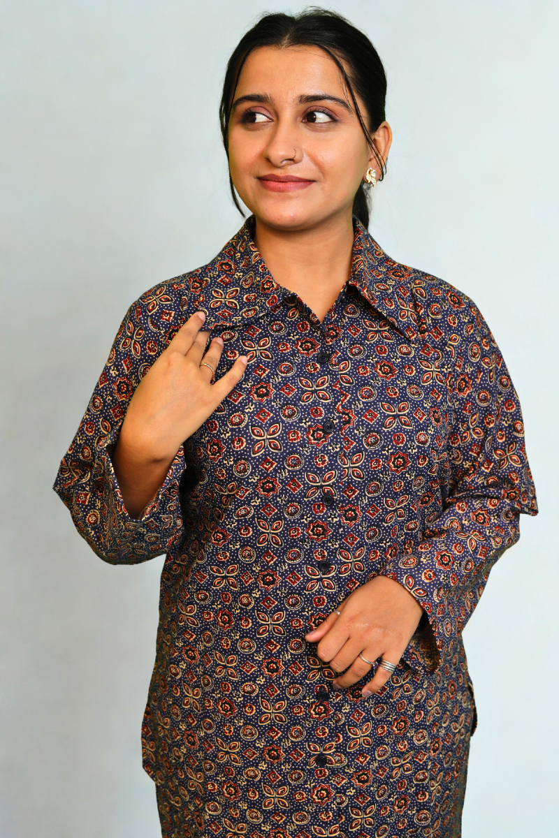 Elegant Printed Cotton Co-Ord Set for Women – Black & Maroon Floral N Square