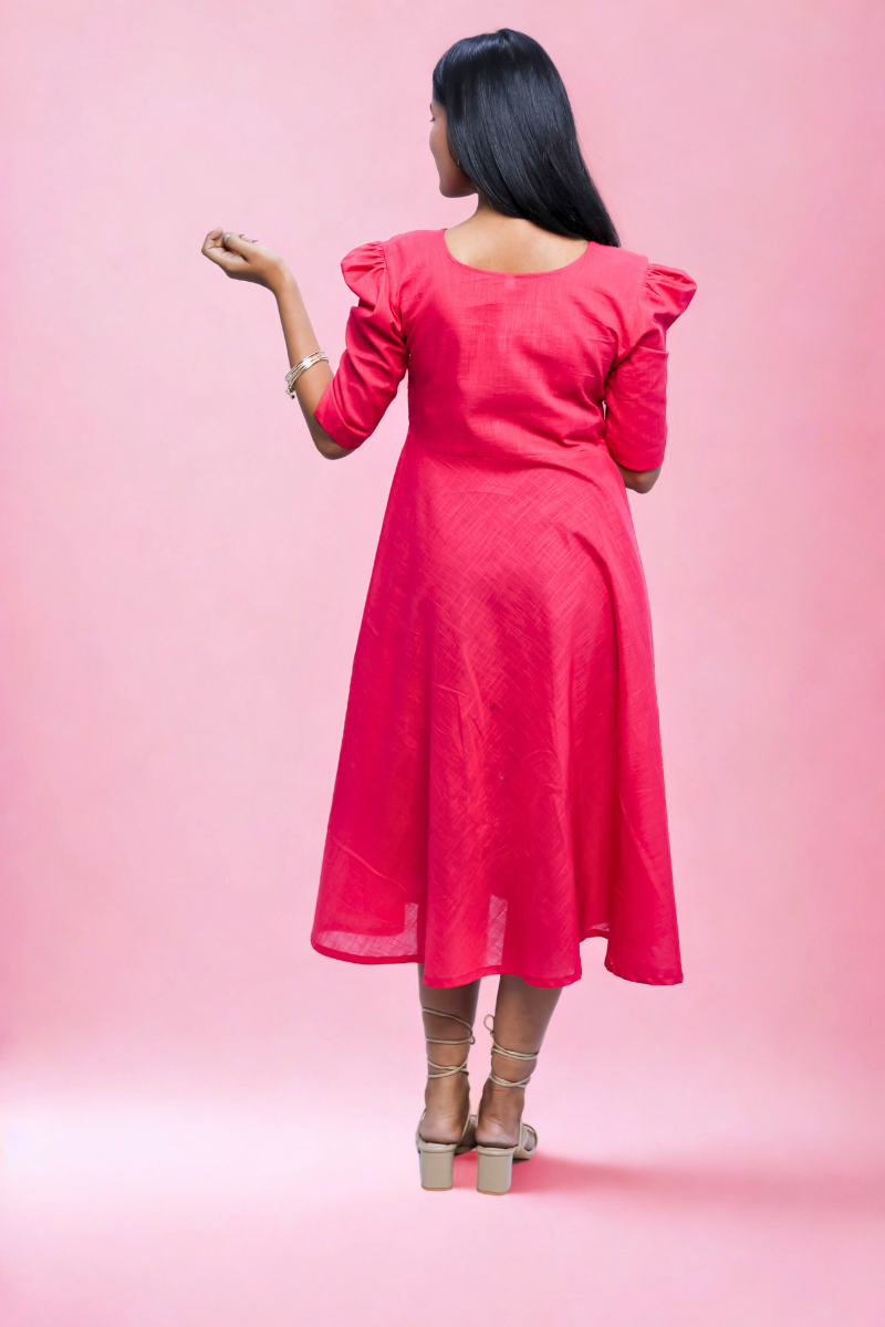 Solid Pink Cotton One-Piece Maxi Dress with Puff Sleeves & Petal Collar N Square