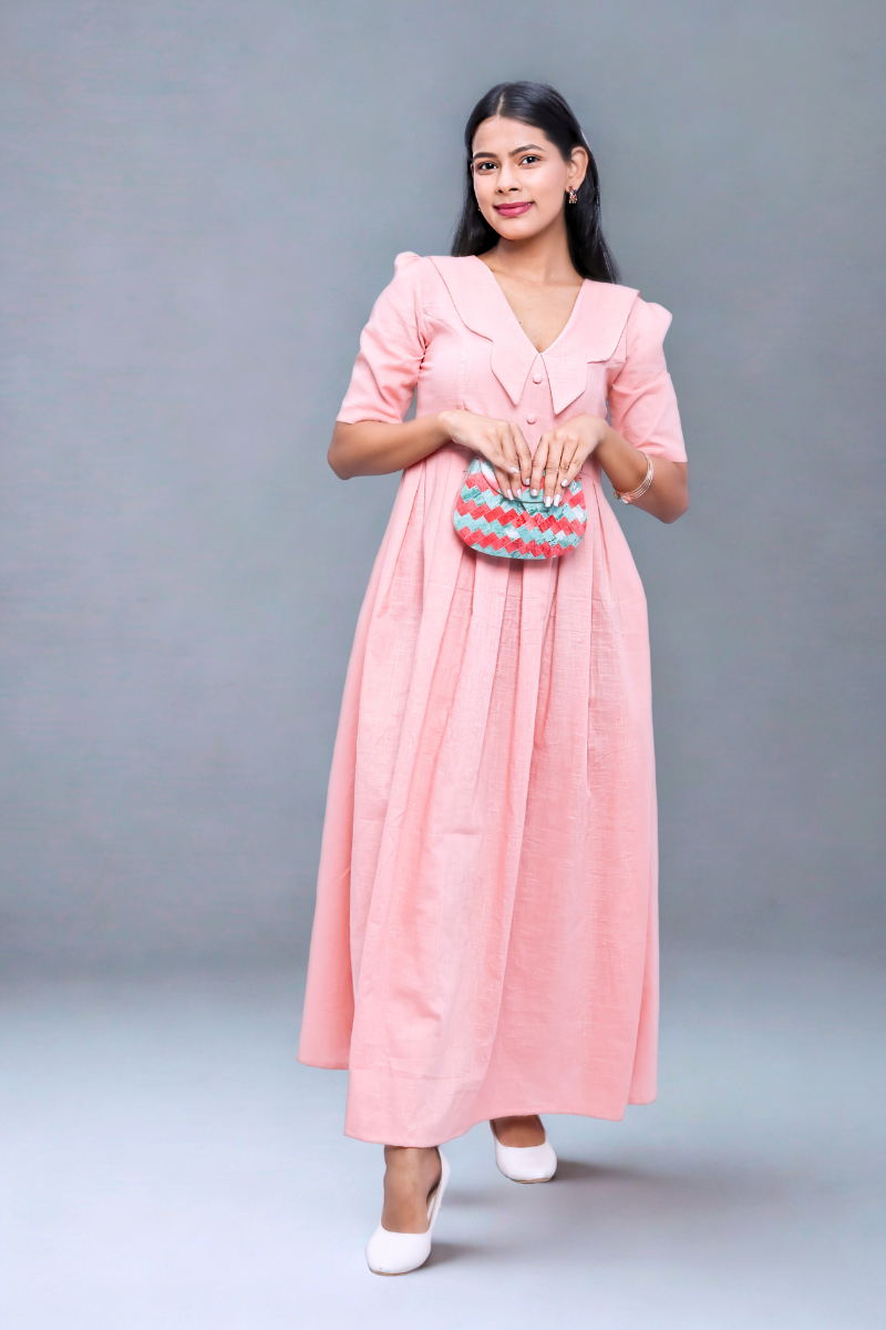 Peach Cotton One-Piece Maxi Dress with Layered Collar & Button Detail N Square