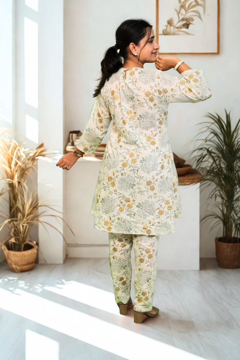 Elegant Beige Floral Cotton Kurta Set N Square
