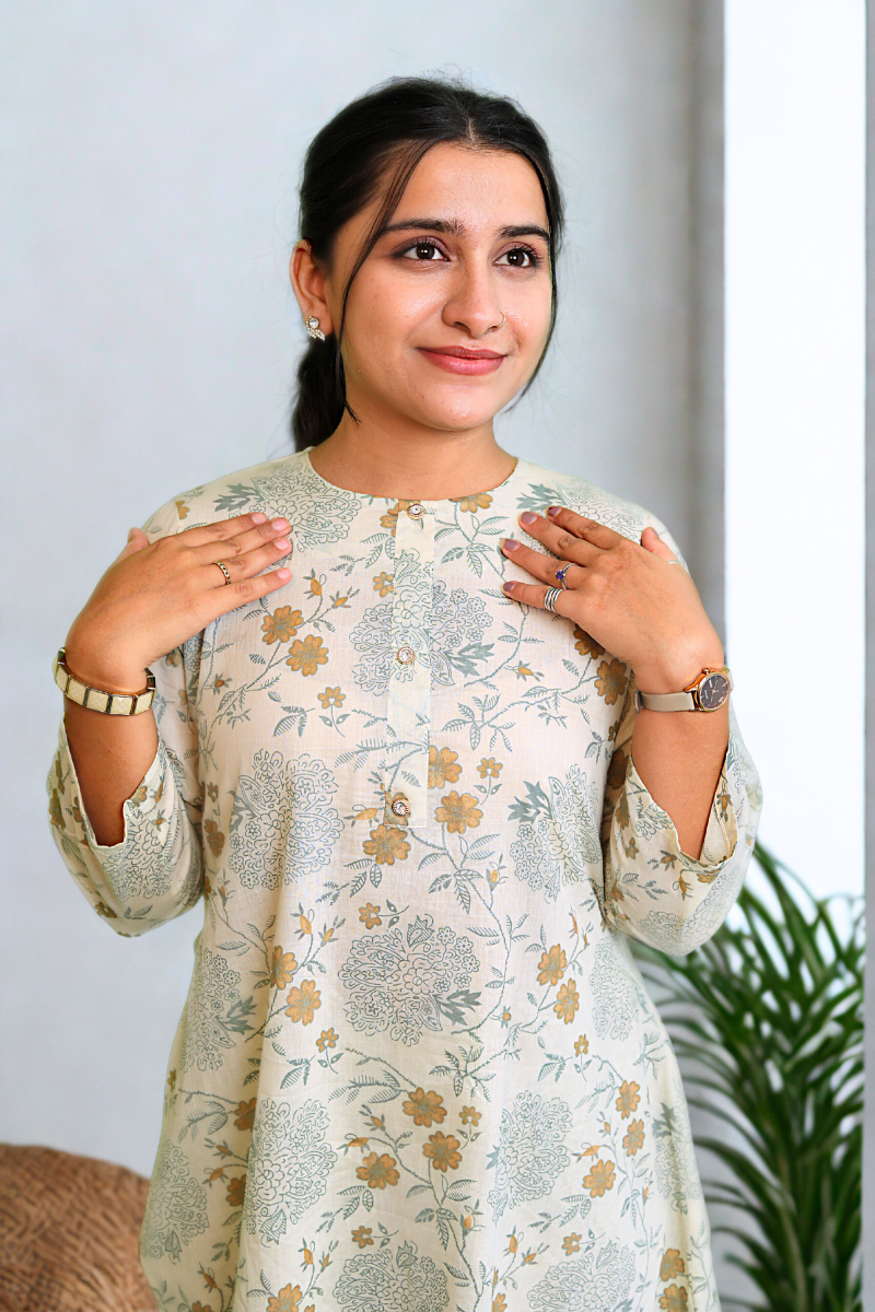 Elegant Beige Floral Cotton Kurta Set N Square