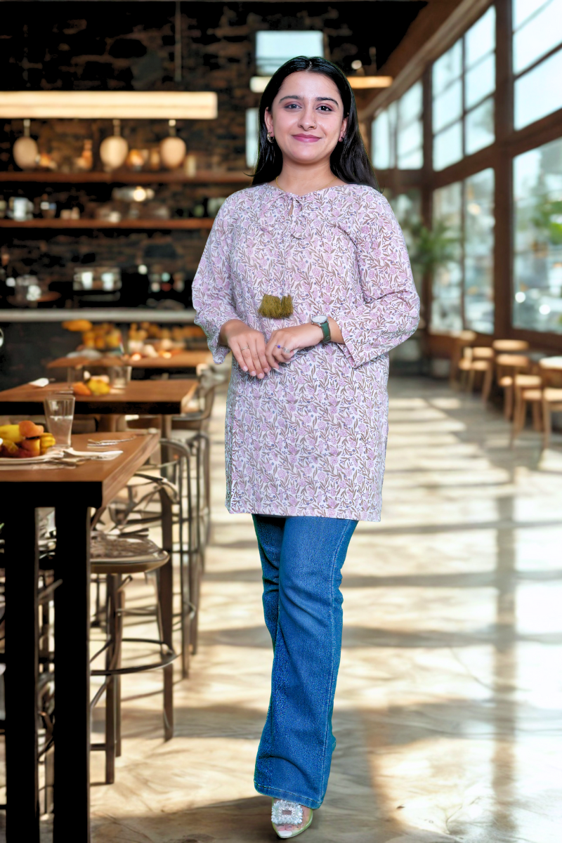Pastel Floral Tassel Kurti – 3/4 Sleeve Cotton Blend N Square