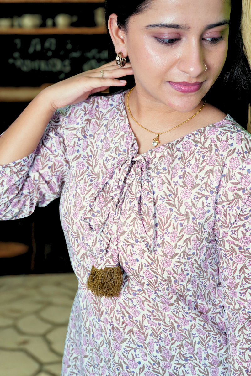 Pastel Floral Tassel Kurti – 3/4 Sleeve Cotton Blend N Square
