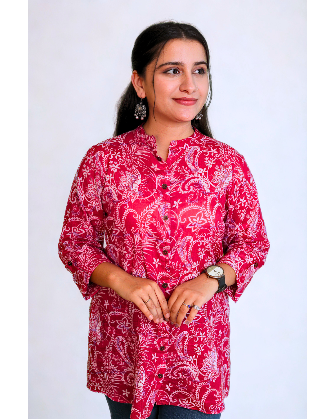 Bright Pink Paisley Cotton Short Kurti N Square
