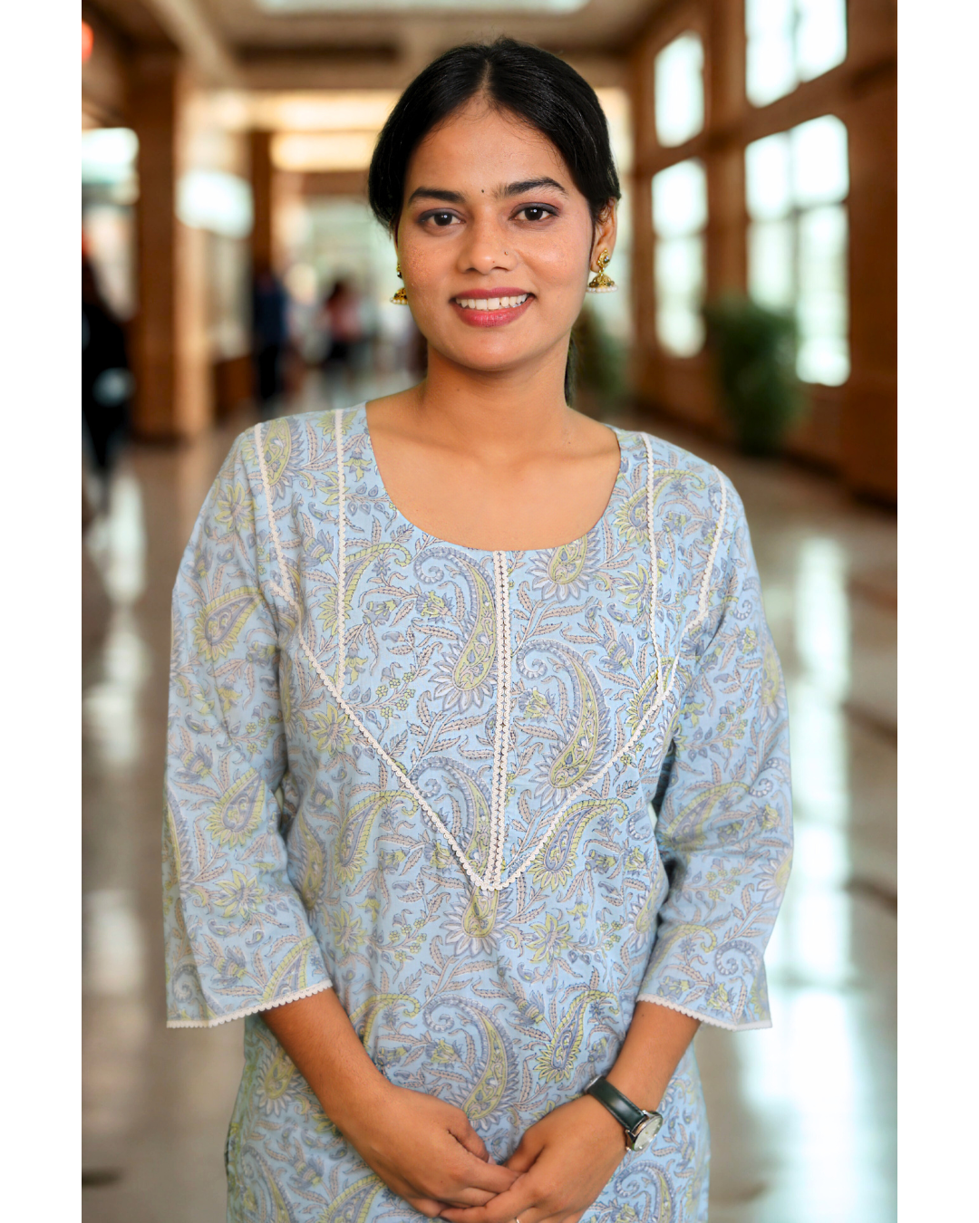 Soft Blue Paisley Printed Cotton Kurti N Square