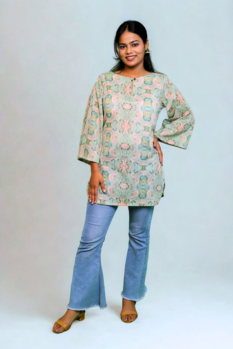 “Nayra” Sage Green Paisley Printed Cotton Kurti N Square