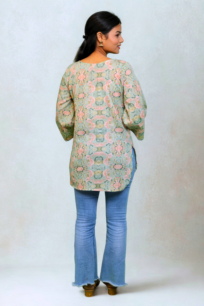 “Nayra” Sage Green Paisley Printed Cotton Kurti N Square