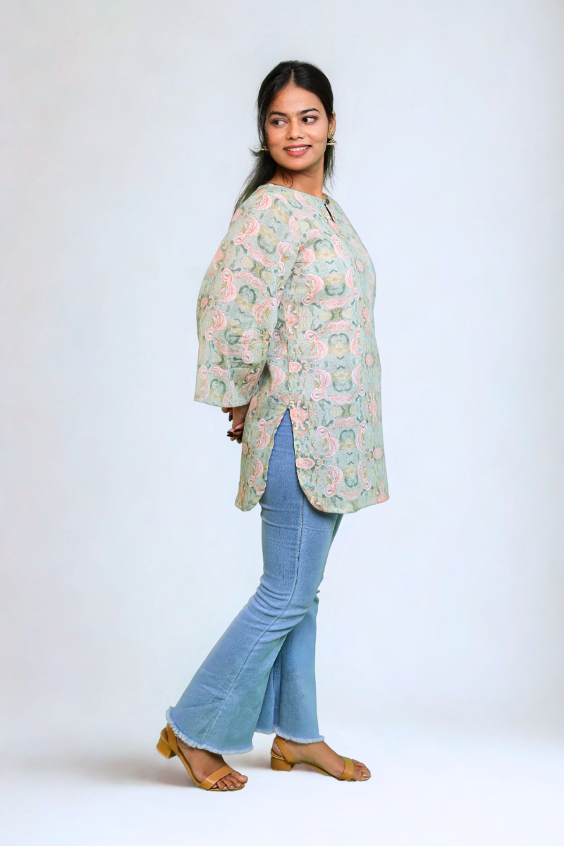 “Nayra” Sage Green Paisley Printed Cotton Kurti N Square