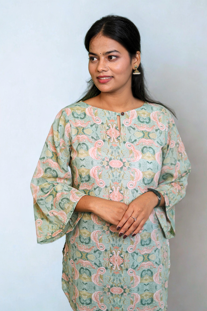 “Nayra” Sage Green Paisley Printed Cotton Kurti N Square