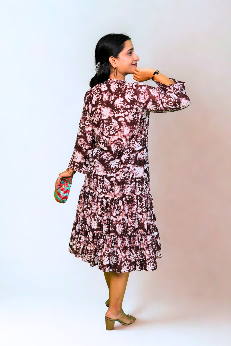 Flowy Brown & White Cotton Dress for Women N Square