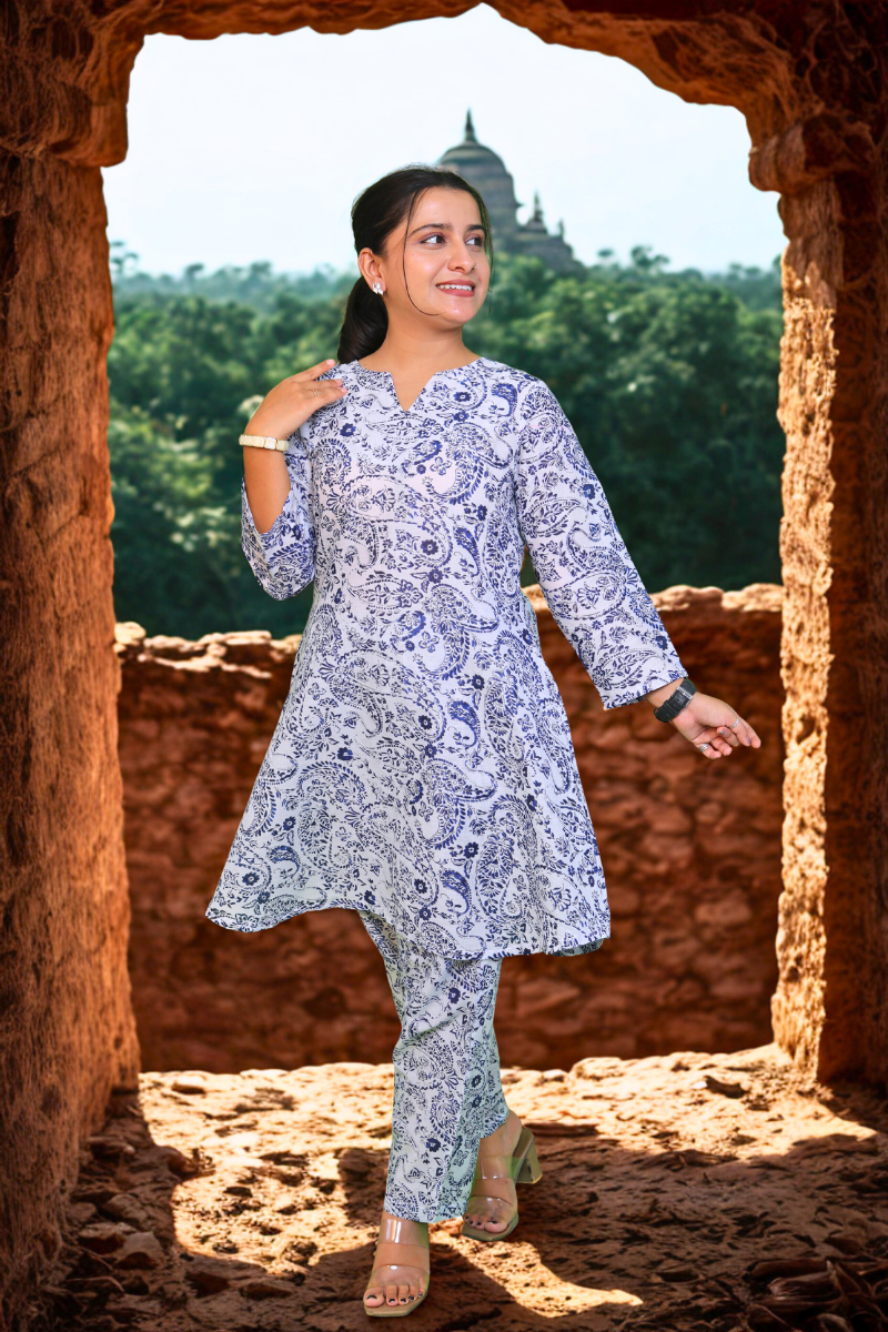 Floral Printed Cotton Kurta Set (Red, Blue, Green) N Square