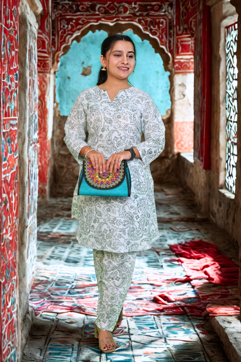 Floral Printed Cotton Kurta Set (Red, Blue, Green) N Square