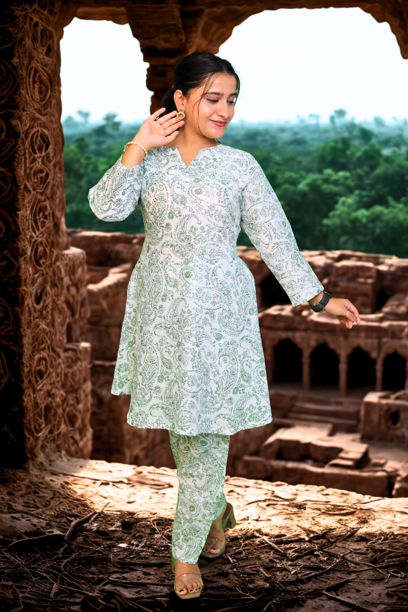 Floral Printed Cotton Kurta Set (Red, Blue, Green) N Square