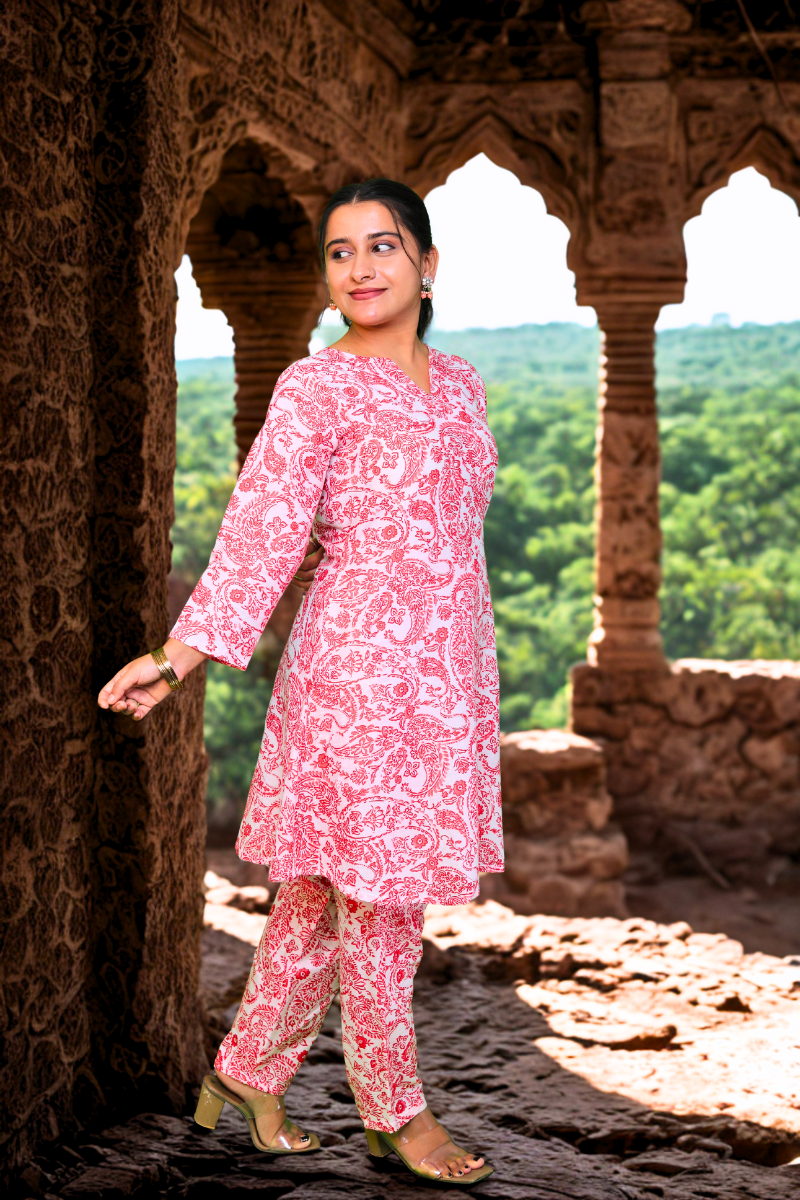 Floral Printed Cotton Kurta Set (Red, Blue, Green) N Square