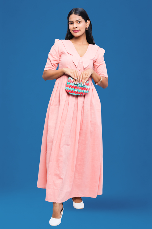 Peach Cotton One-Piece Maxi Dress with Layered Collar & Button Detail N Square
