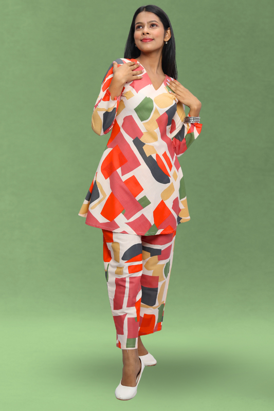 Printed Slub Cotton Cord Set for Women N Square