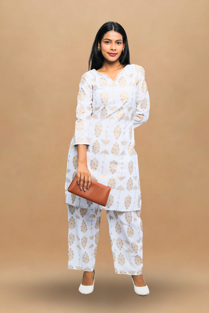 White Cotton Kurta Set | Umbrella Print | 2-Piece Suit Set N Square