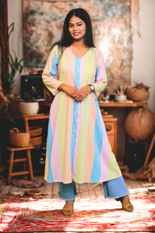 Multicolor Candy Stripe Long Kurti N Square