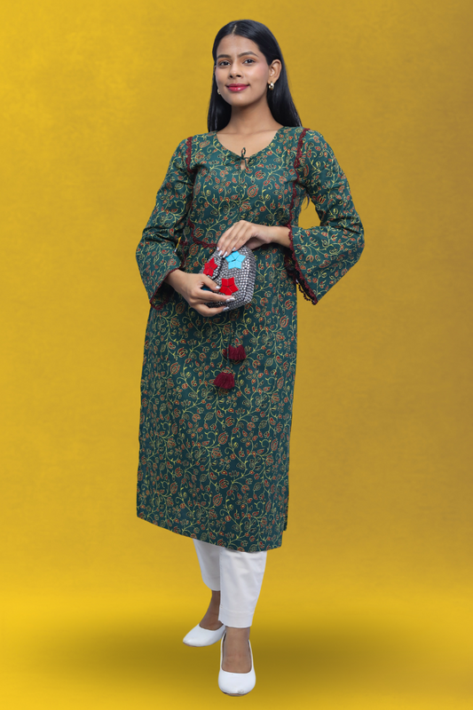 Green Ethnic Printed Cotton Long Kurta with Bell Sleeves N Square
