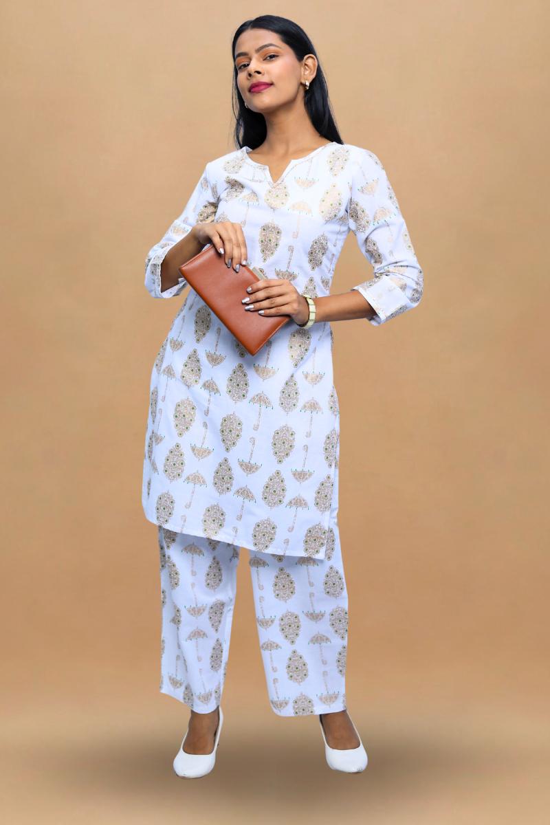 White Cotton Kurta Set | Umbrella Print | 2-Piece Suit Set N Square