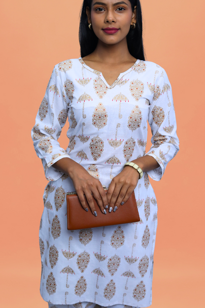 White Cotton Kurta Set | Umbrella Print | 2-Piece Suit Set N Square