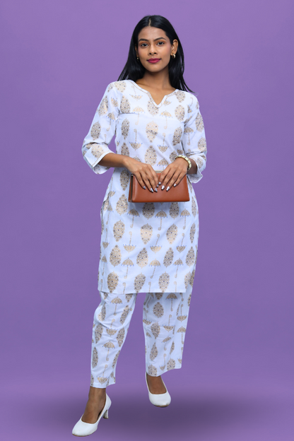 White Cotton Kurta Set | Umbrella Print | 2-Piece Suit Set N Square