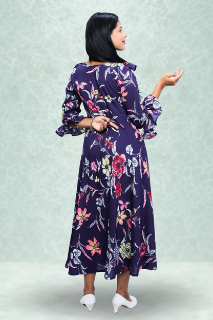 Purple Floral Printed Crepe Midi Dress with Ruffle Neck & Bell Sleeves N Square