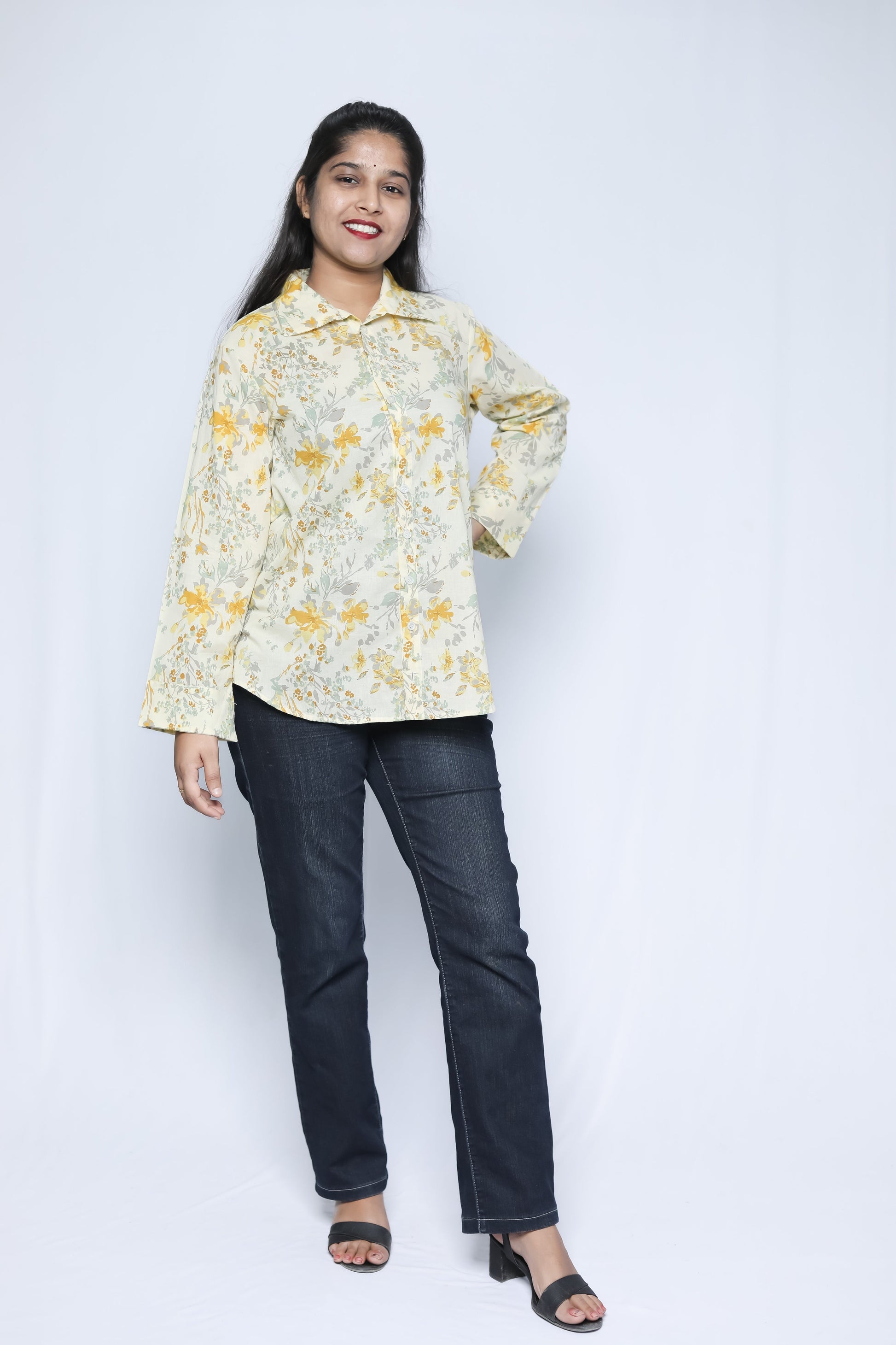 Women Off White & Yellow Floral Printed Casual Shirt N Square