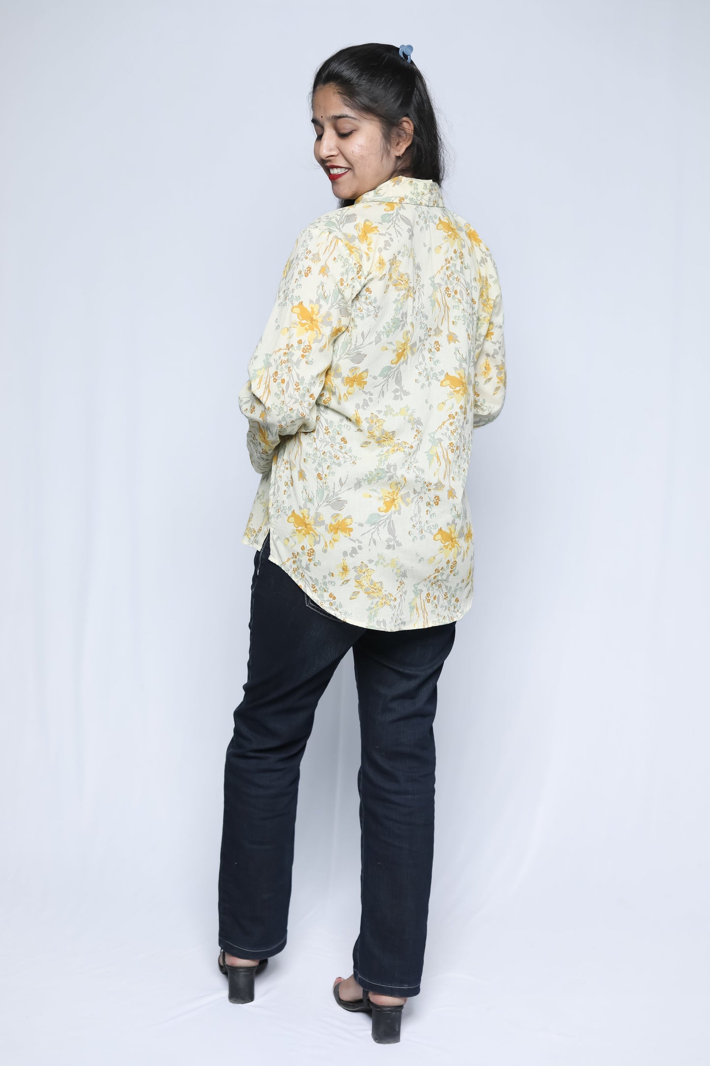 Women Off White & Yellow Floral Printed Casual Shirt N Square