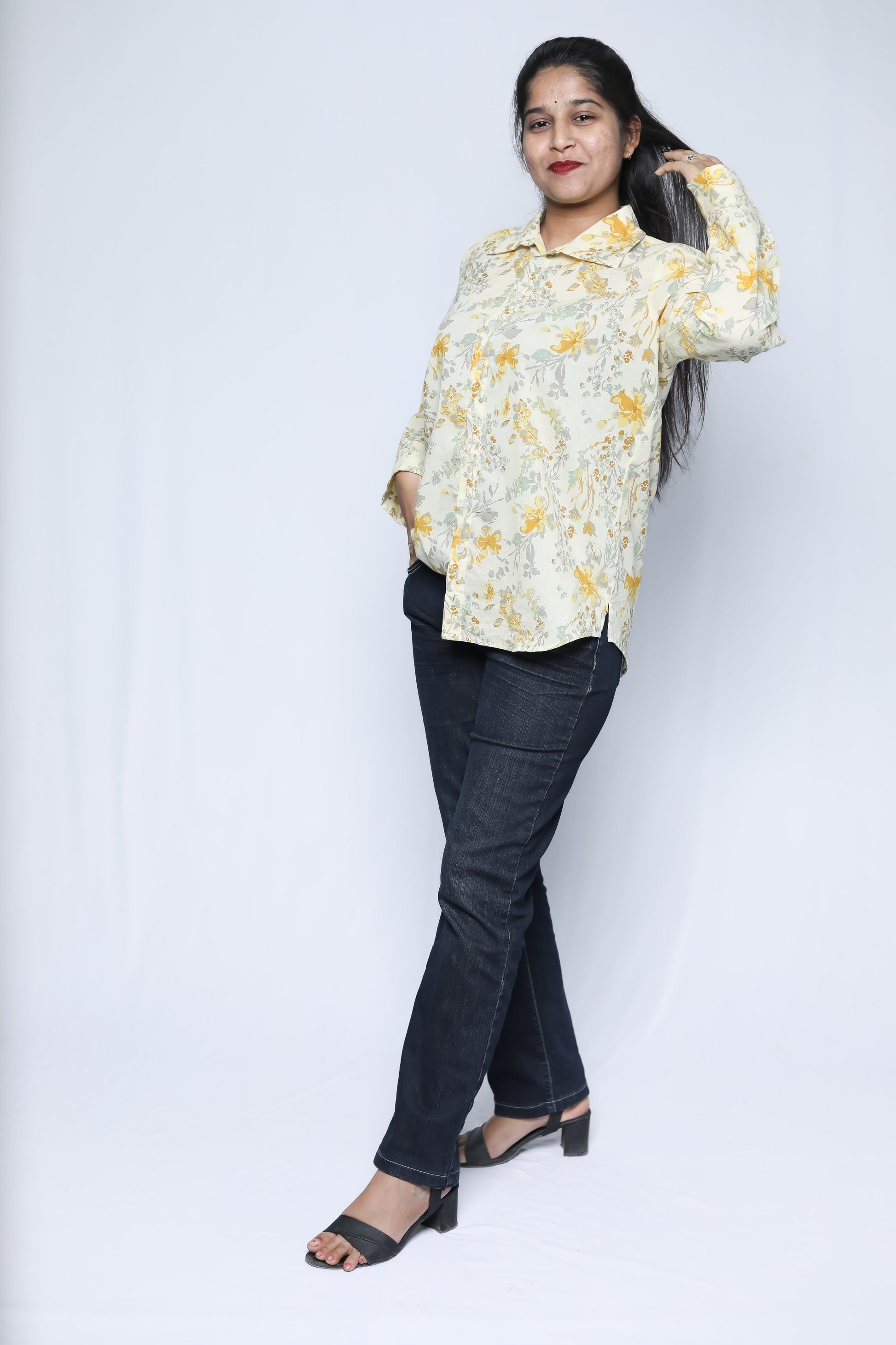Women Off White & Yellow Floral Printed Casual Shirt N Square