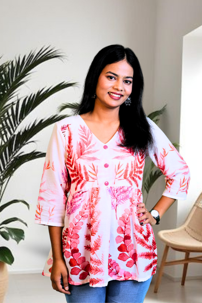 Elegant Pink Floral Printed Kurti Top for Women – Cotton Blend, 3/4 Sleeves N Square