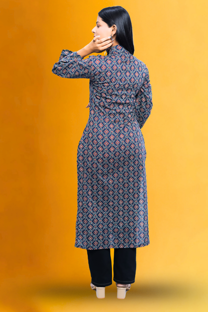 Elegant Black Cotton Straight Printed Long Kurta – Avaraniya N Square