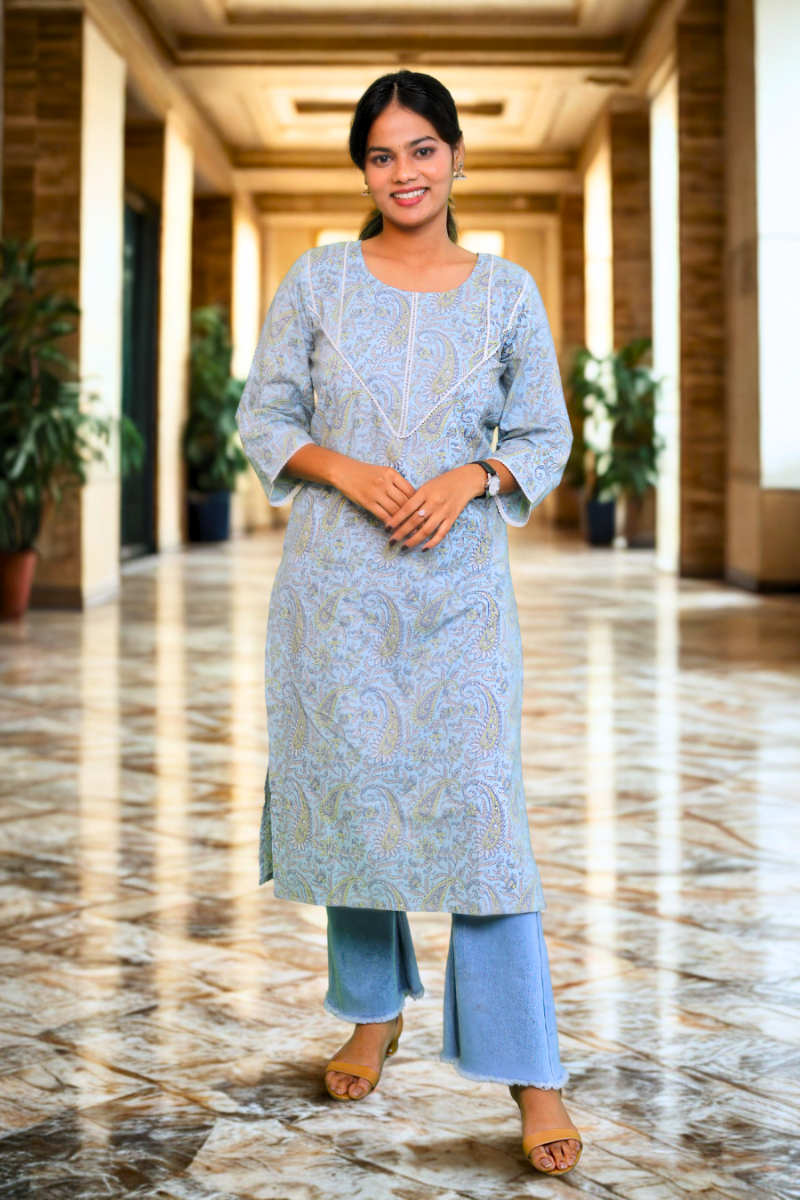 Soft Blue Paisley Printed Cotton Kurti N Square