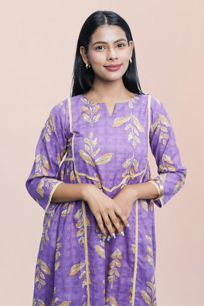A-Line Cotton Kurta – Purple with Golden | Avaraniya N Square