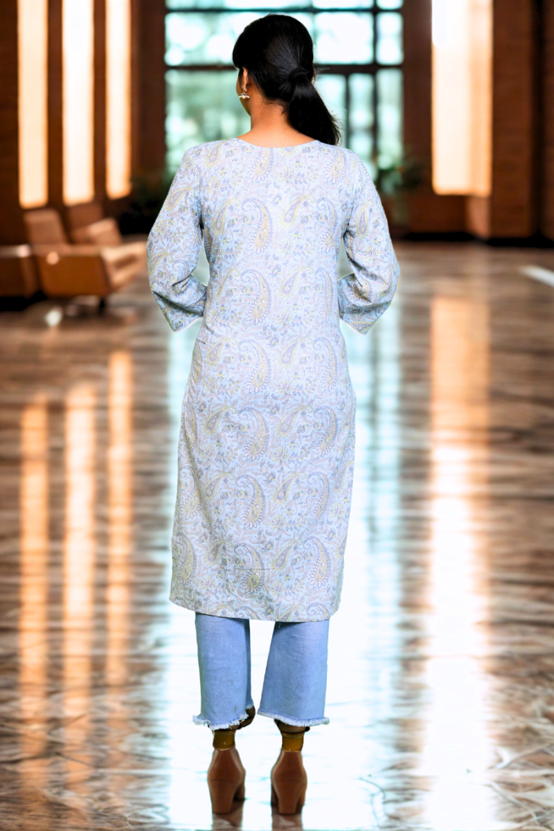 Soft Blue Paisley Printed Cotton Kurti N Square