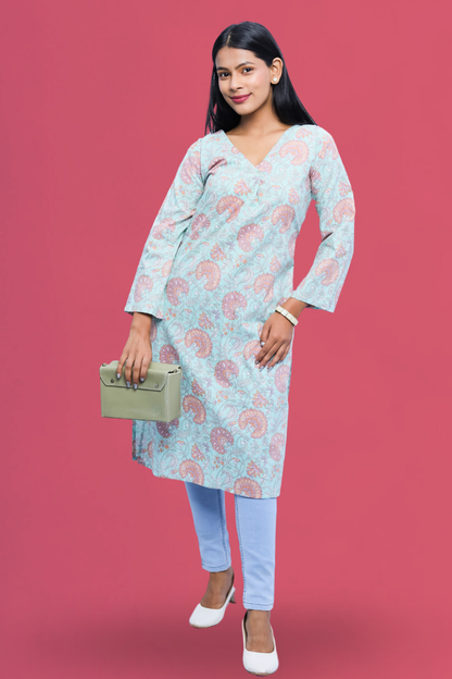 Elegant Skyblue Cotton Straight Printed Long Kurta – Avaraniya N Square