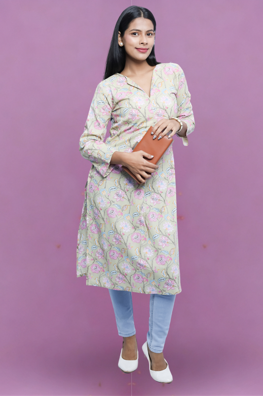 Elegant Beige Cotton Straight Printed Long Kurta – Avaraniya N Square