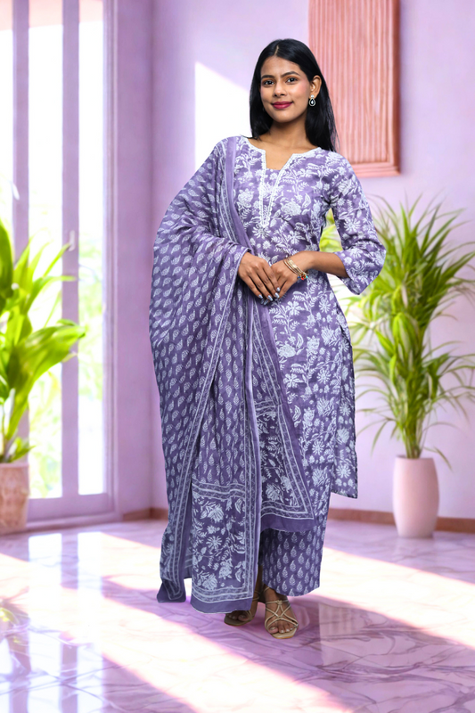 Avaraniya  Light purple Elegant Cotton Suit Set for Women N Square Fashion and Clothing