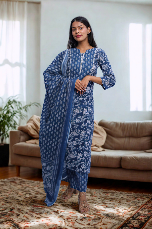 Avaraniya Blue Elegant Cotton Suit Set for Women N Square