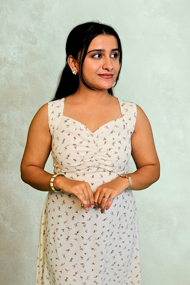 White Sleeveless Floral Midi Dress with Ruched Bust N Square