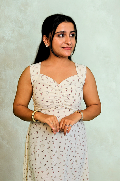 White Sleeveless Floral Midi Dress with Ruched Bust N Square