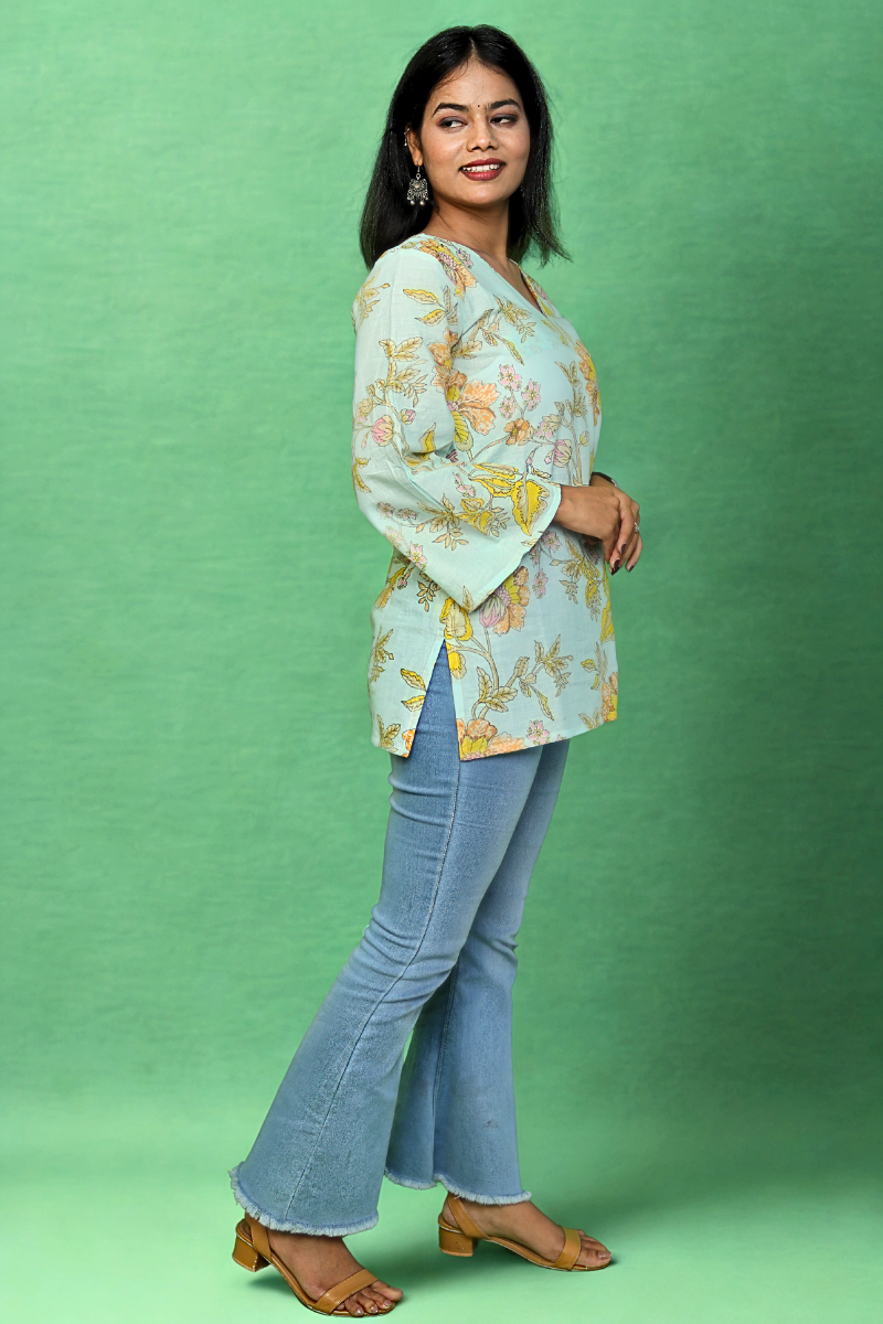 Floral Printed Light Blue Cotton Casual Kurti for Women N Square