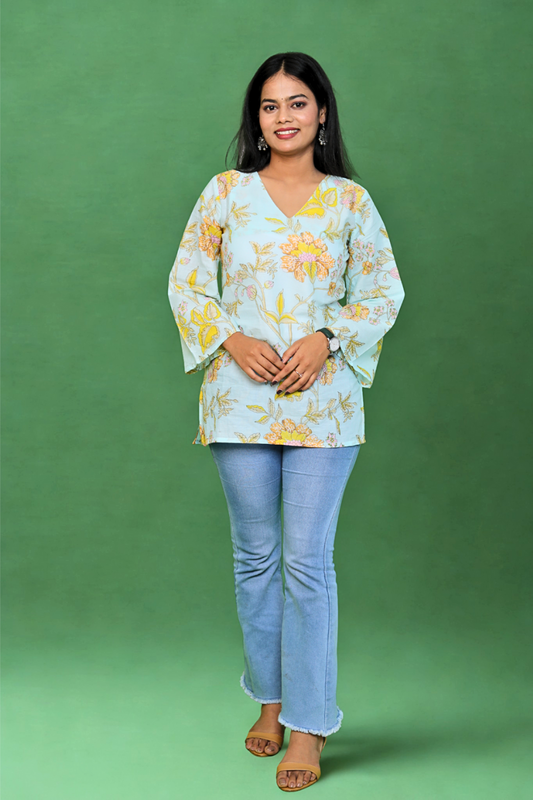 Floral Printed Light Blue Cotton Casual Kurti for Women N Square