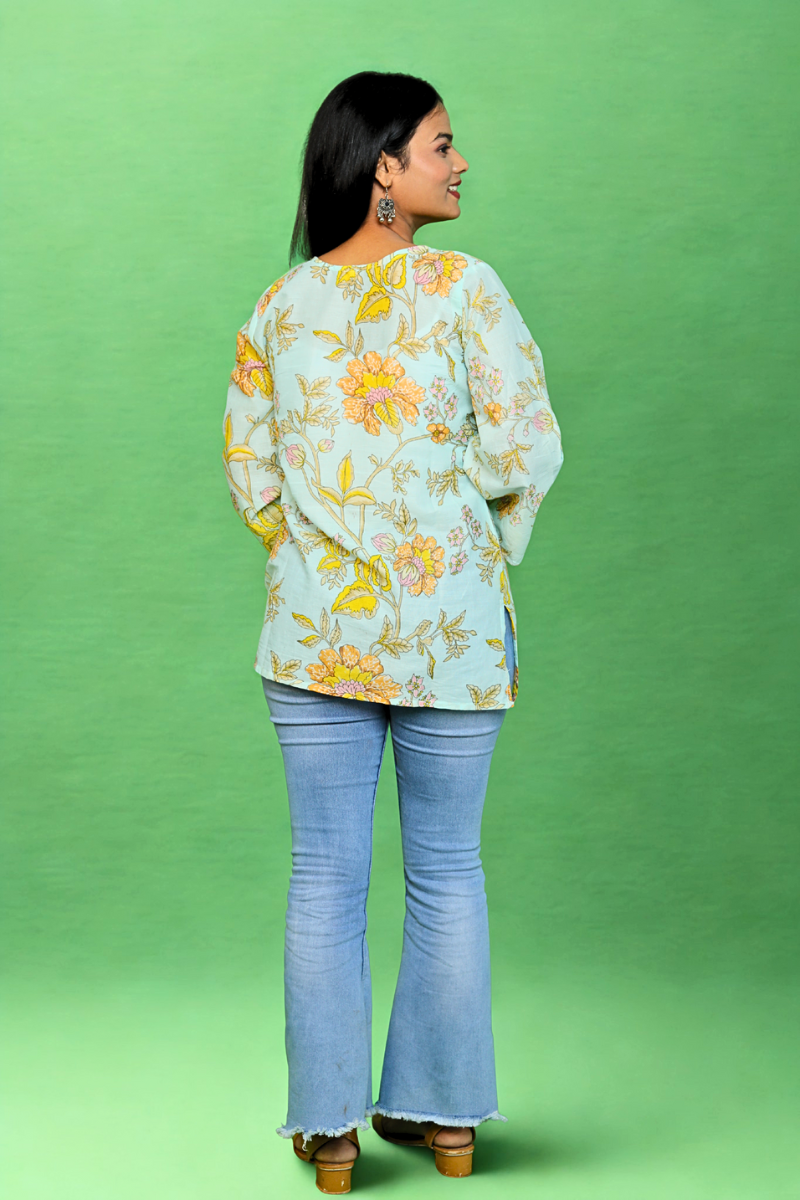 Floral Printed Light Blue Cotton Casual Kurti for Women N Square